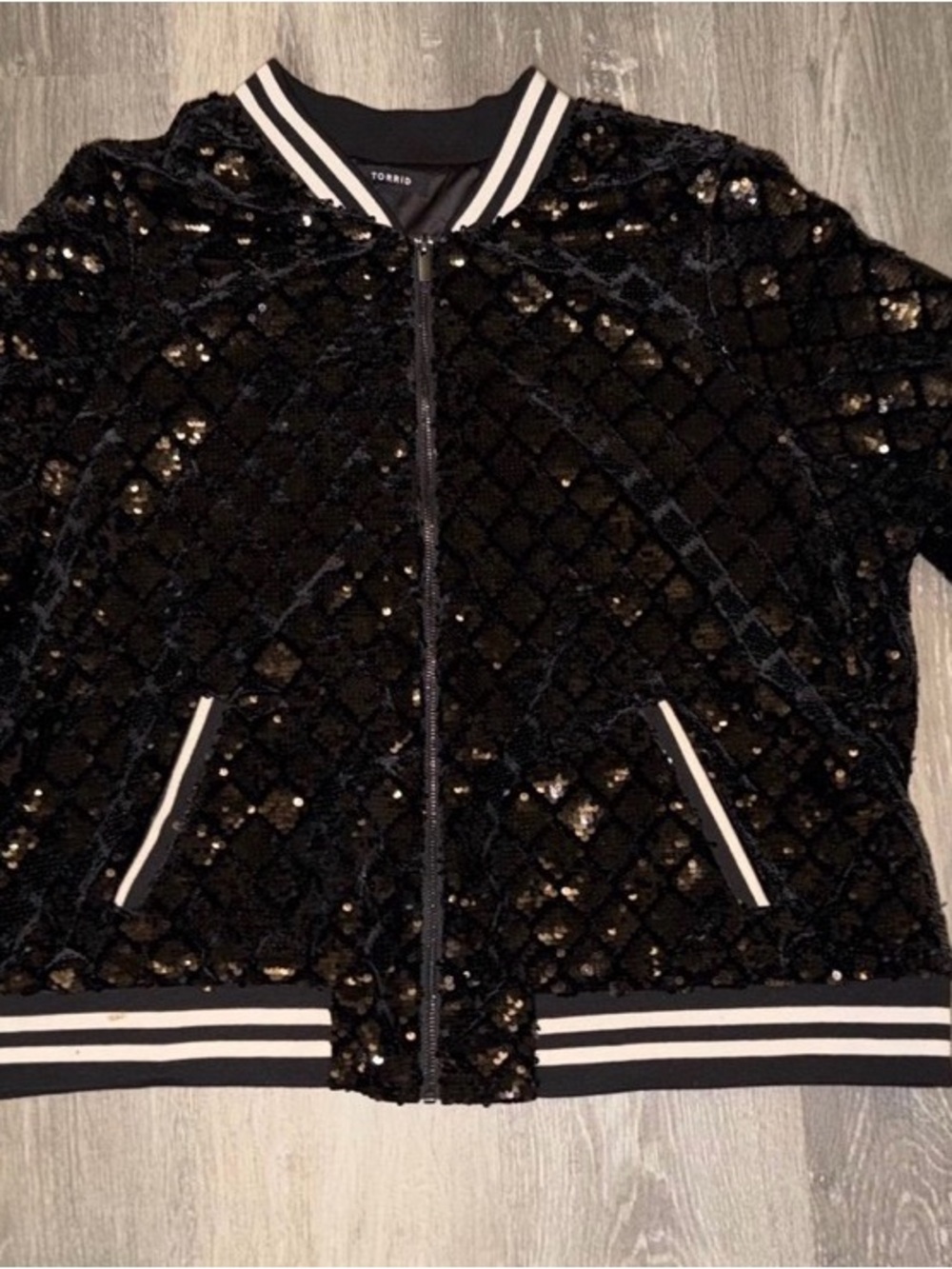torrid Black Quilted Sequin Bomber Jacket with Striped Trim